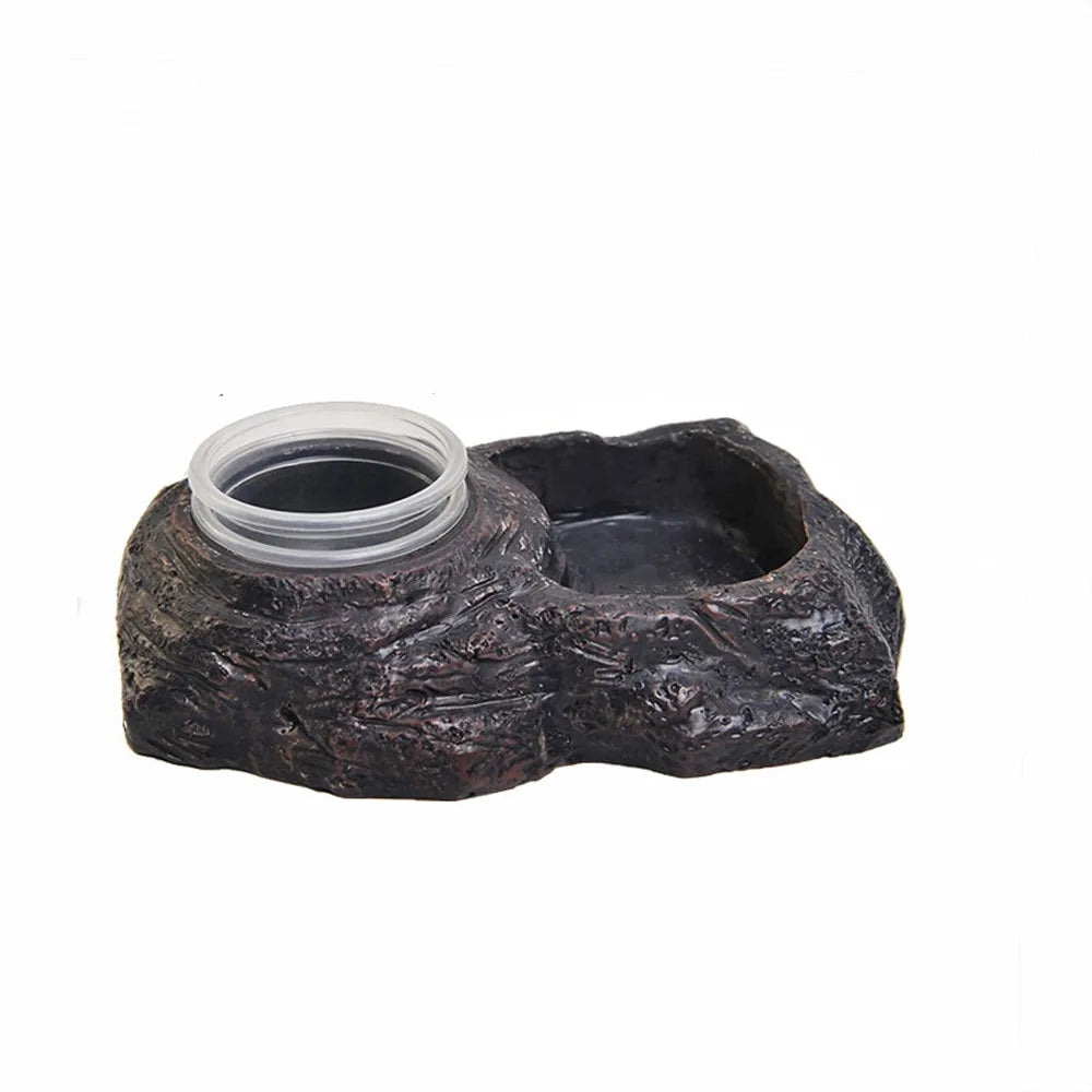 Imitation Stone Resin Rock Feeder Dish Wear Resistant Anti-knock Pet Feeder Ledge with Bowls Wide Mouth Reptile Food Bowl
