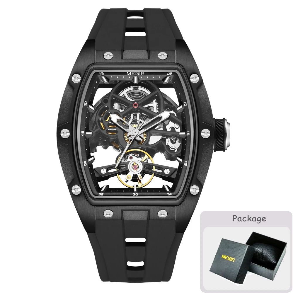 MEGIR Tonneau Skeleton Mechanical Watch Men Sport Wristwatch Silicone Strap Luxury Hollow Dial Male Automatic Mechanical Watches