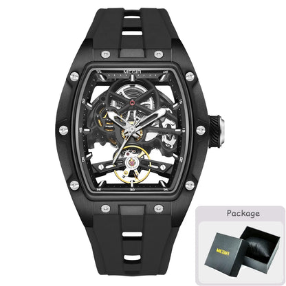 MEGIR Tonneau Skeleton Mechanical Watch Men Sport Wristwatch Silicone Strap Luxury Hollow Dial Male Automatic Mechanical Watches