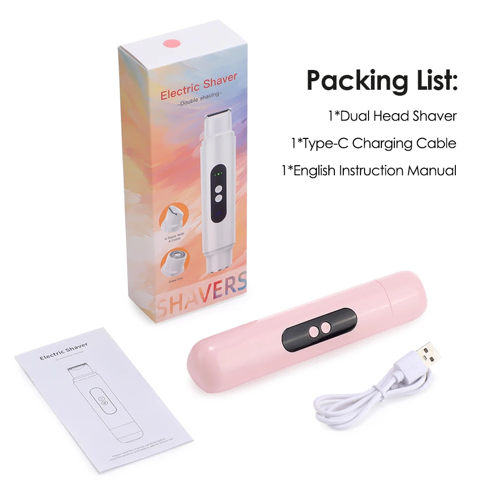 Electric Shaver for Women Waterproof Wet & Dry Hair Razors 2 in 1 Double Head Portable Bikini Hair Trimmer Detachable Head Shave