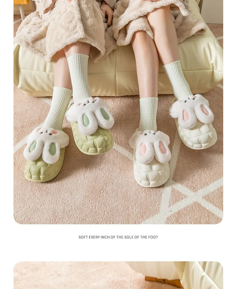 Mo Dou 2022 Winter Warm Women Slippers Waterproof Vamp Cute Rabbit Bear Decoration Indoor Outdoor Shoes Soft Plush Men Slippers
