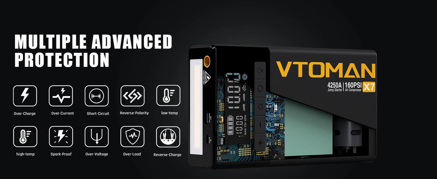 VTOMAN X7 4-in-1 Car Jump Starter 4250A - 160 PSI Air Compressor, 12V Car Battery Booster & Portable Power Bank