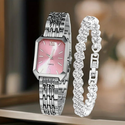 2PCS Fashion Rectangle Women Quartz Watch Rhinestone Bracelet Set Roma Dial Ladies Wristwatches Girls Clock Reloj Mujer