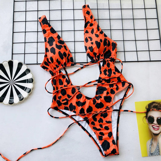 Orangered Leopard Bikini Hollow Out Bandage Y2K Swimsuit Backless High Leg Cut Swimwear Women Beach Outfit Bathing Suit Bodysuit
