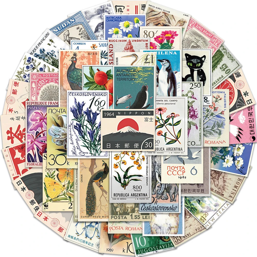 10/30/50pcs Retro Stamp Cartoon Stickers Vintage Postcard Decals DIY Stationery Fridge Suitcase Waterproof Sticker Packs