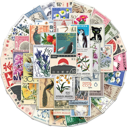 10/30/50pcs Retro Stamp Cartoon Stickers Vintage Postcard Decals DIY Stationery Fridge Suitcase Waterproof Sticker Packs