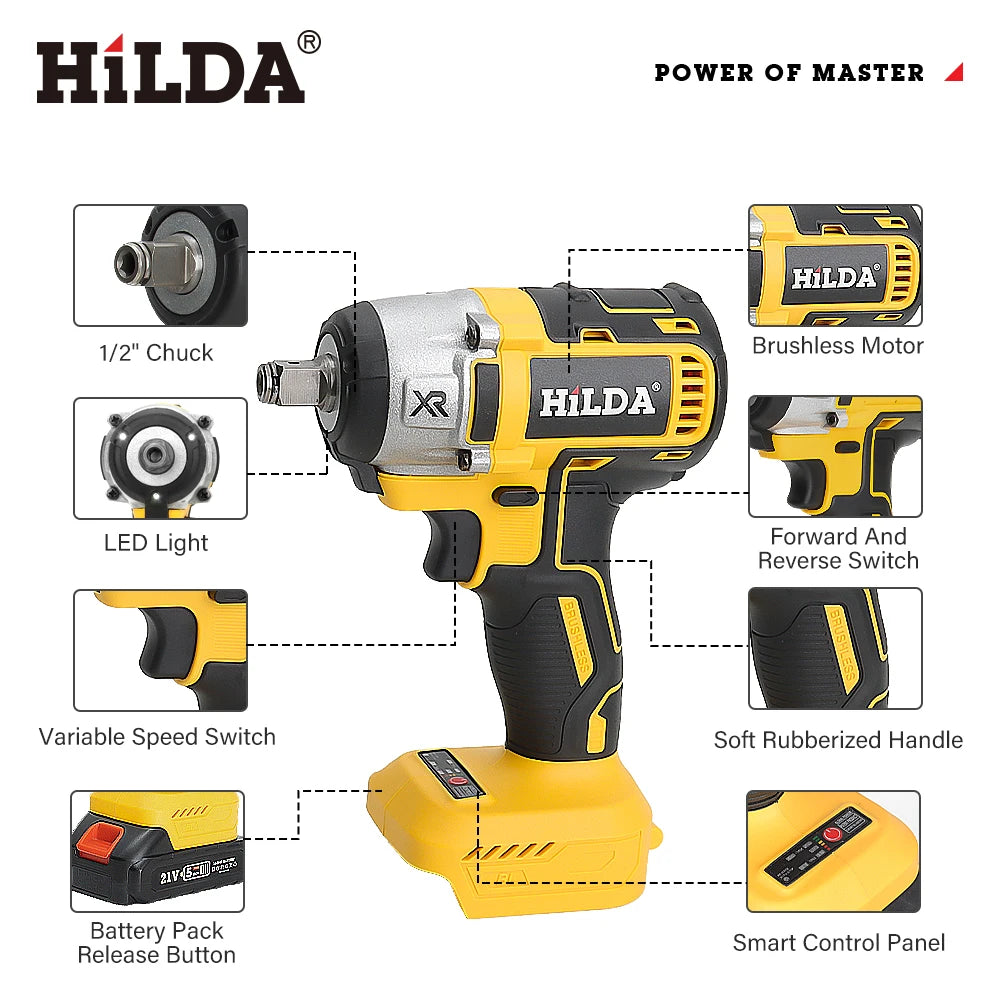 HILDA 1/2" Brushless Impact Wrench 1200N.m High Torque Electric Wrench Power Tool for Scaffolding Tire Repair For Makita Battery