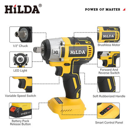 HILDA 1/2" Brushless Impact Wrench 1200N.m High Torque Electric Wrench Power Tool for Scaffolding Tire Repair For Makita Battery