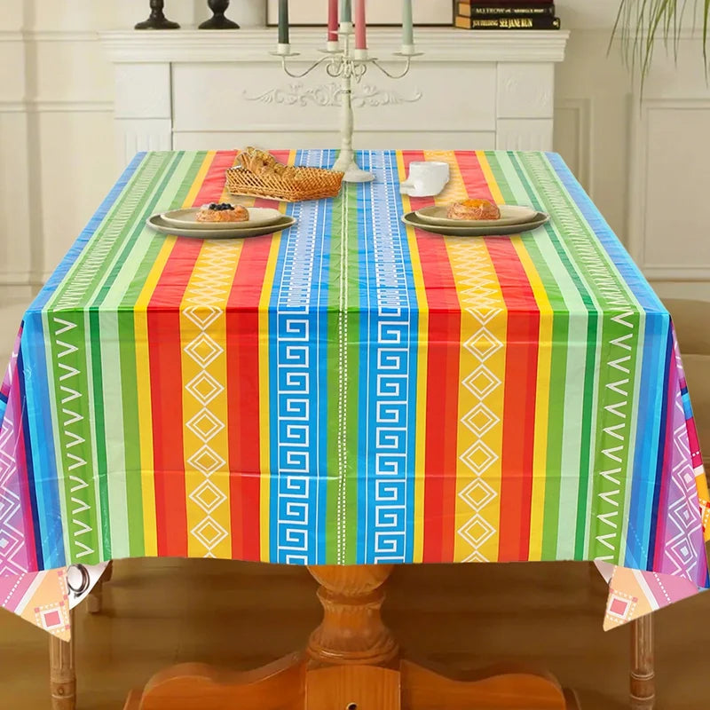 Mexican Stripes Plastic Tablecloth Holiday Party Decor Day of The Dead Waterproof Rectangle Tablecloth Mexican Fiesta Decoration