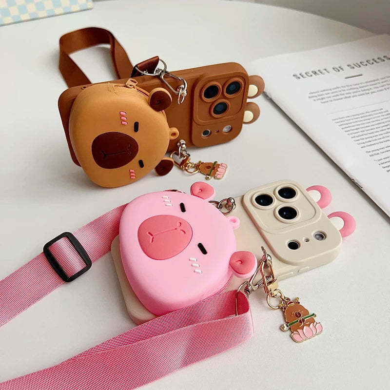 For iPhone 17 16 15 14 13 12 11 XR Xs 6 6s 7 8 SE Pro Max mini Plus e Capybara head Wallet Case With Accessories