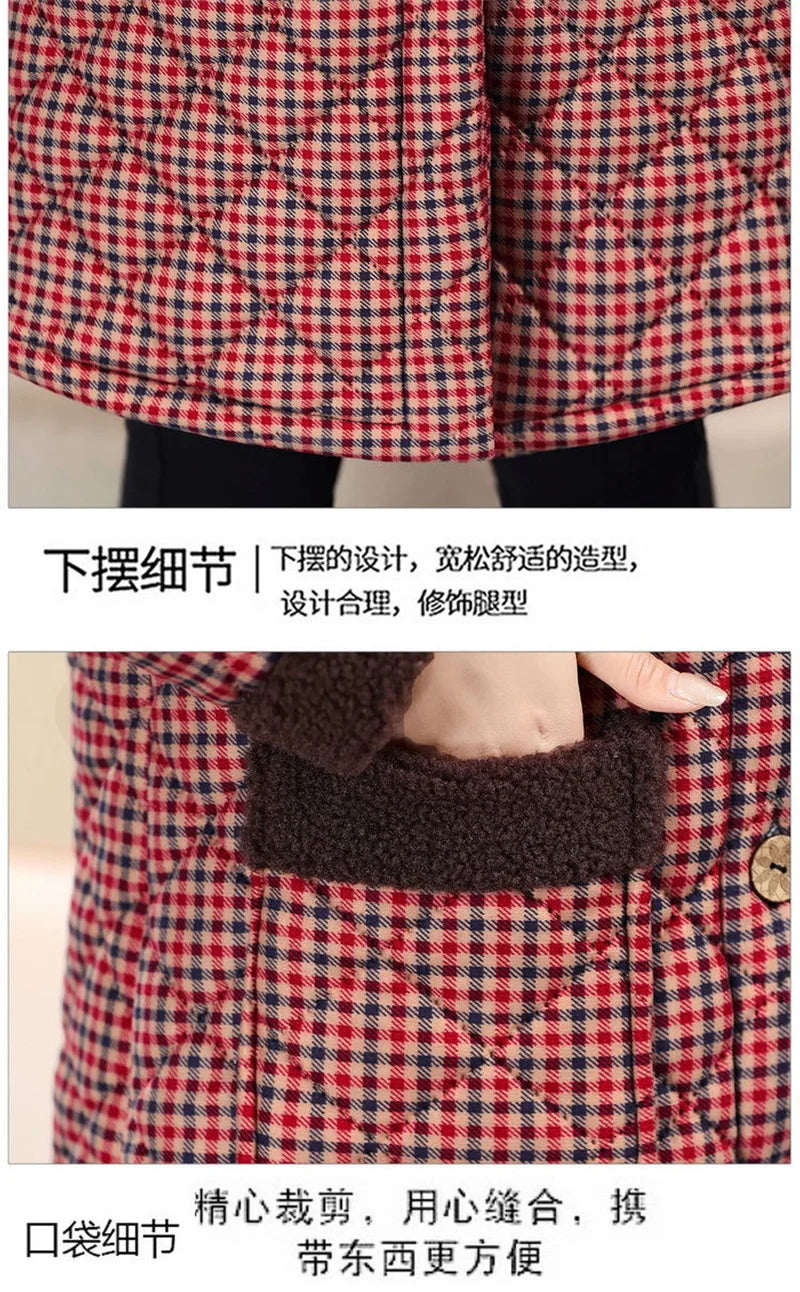 Winter Coat New Vintage Velvet And Thickening Single breasted Cotton Coat for Women Fit Cotton Clip Warm Long Parka Plaid Coat