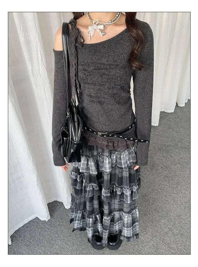 Y2k Vintage Long Skirts Plaid Ruffles Patchwork Harajuku Casual Loose Cake Skite Punk Gothic Streetwear All Match Women Clothing