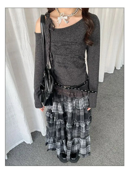 Y2k Vintage Long Skirts Plaid Ruffles Patchwork Harajuku Casual Loose Cake Skite Punk Gothic Streetwear All Match Women Clothing
