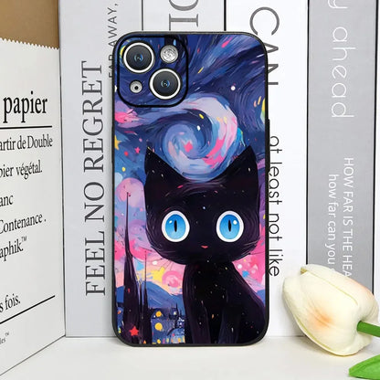 Artistic Black Cat Starry Night Phone Case For iPhone 17 16 15 14 13 12 Pro Max Mini 7 8 SE Plus Couple Cover Soft Shell Fundas