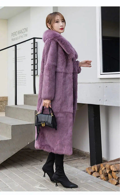 Real Rex Rabbit Fur Coat Women Autumn Winter Long Jacket Thick Warm New Fashion Fox Fur Collar Elegant Female Warm Outerwear