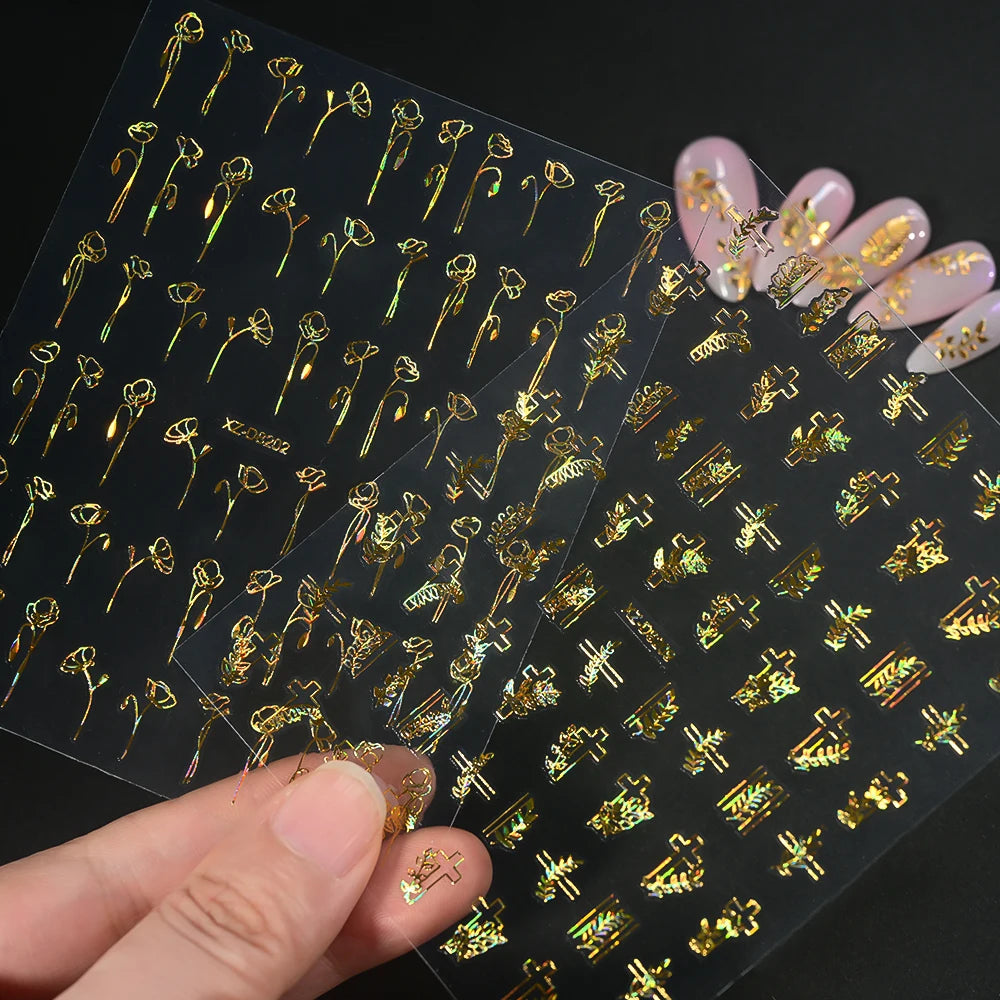 12pcs/set 3D Shiny Leaf Flower Nail Art Sticker Laer Gold Bronzing Leaves Nail Decals 8*10cm Self-Adhesive Nail Art Supplies e5#