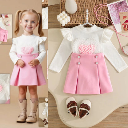 0-3Y Baby Girl Outfit Set 2pcs Puffy Sleeve Heart Shape Top and Corduroy Skirts Valentines Day Sweet Toddler Kids Clothes Girls