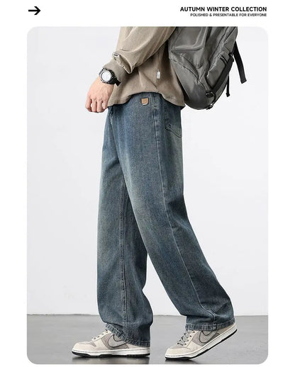 Spring Autumn New Men's Straight Vintage Fit Jeans Casual Trousers High Quality Male Korean Fashion Baggy Wide Leg Denim Pants