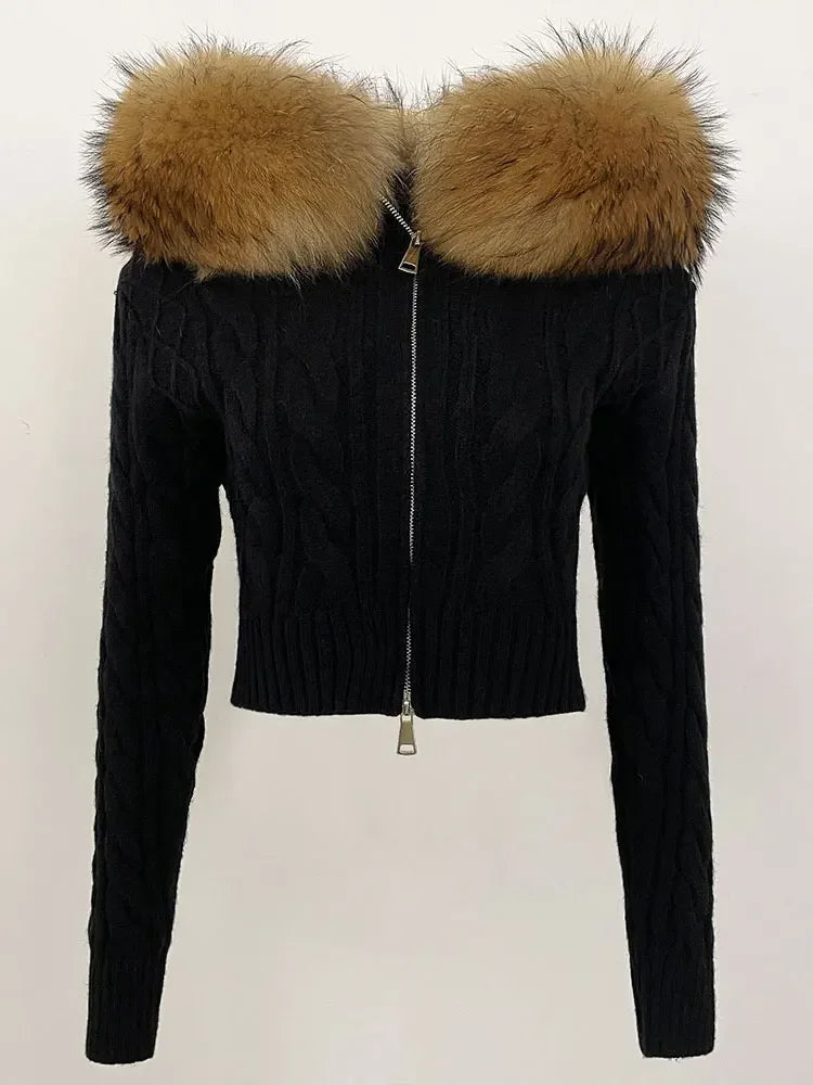 Fashion Natural Fox Fur Collar with Knitted Sweater Women Casual Sweater 2025 New Spring Autumn Slim Fit Elastic Oversized Coat