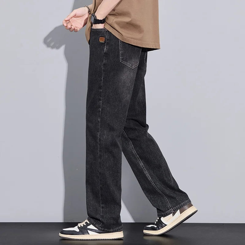 New Arrival American Vintage Wide Leg Elastic Denim Pants for Men Loose Straight Fit Flowy Versatile Casual Pants