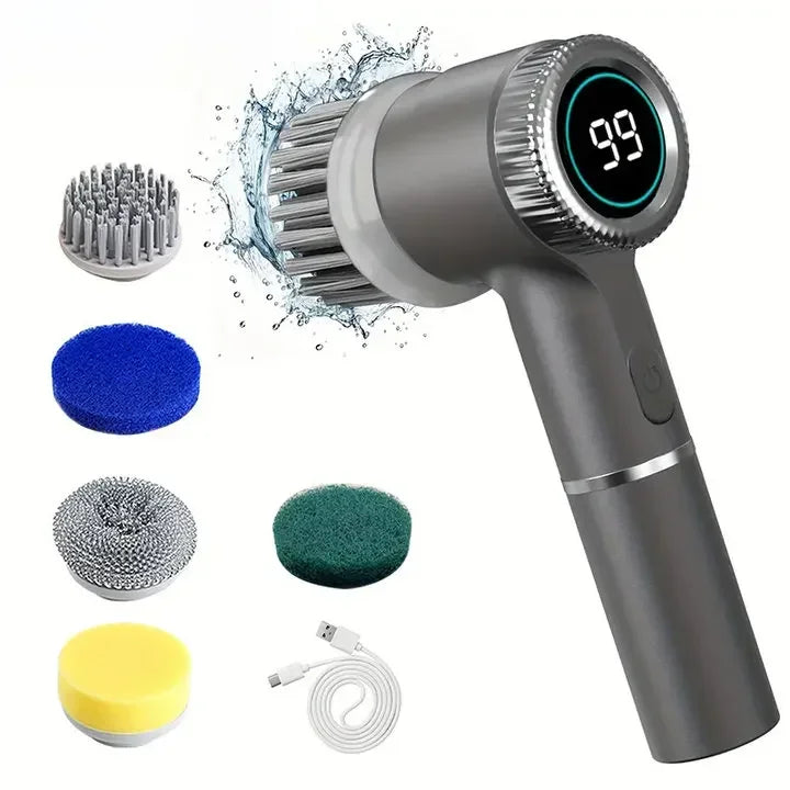 2026 Electric Cleaning Brush LED Display With 5 Replaceable Brush Heads 3-speed Adjustable Cleaning Tool For Kitchen Bathroom
