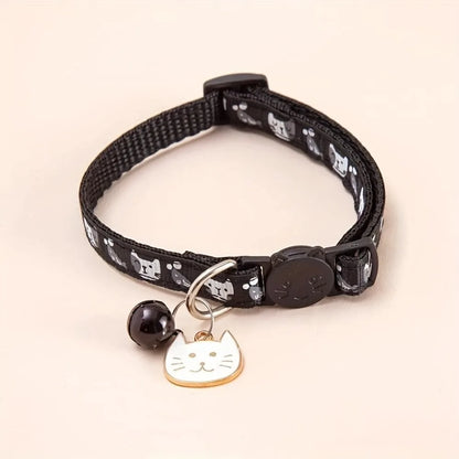 Adjustable Pet Cat Collar Quick Release Safety Buckle Anti-choking Puppy Collar with Cat Face Pendant Bell Cat Pattern