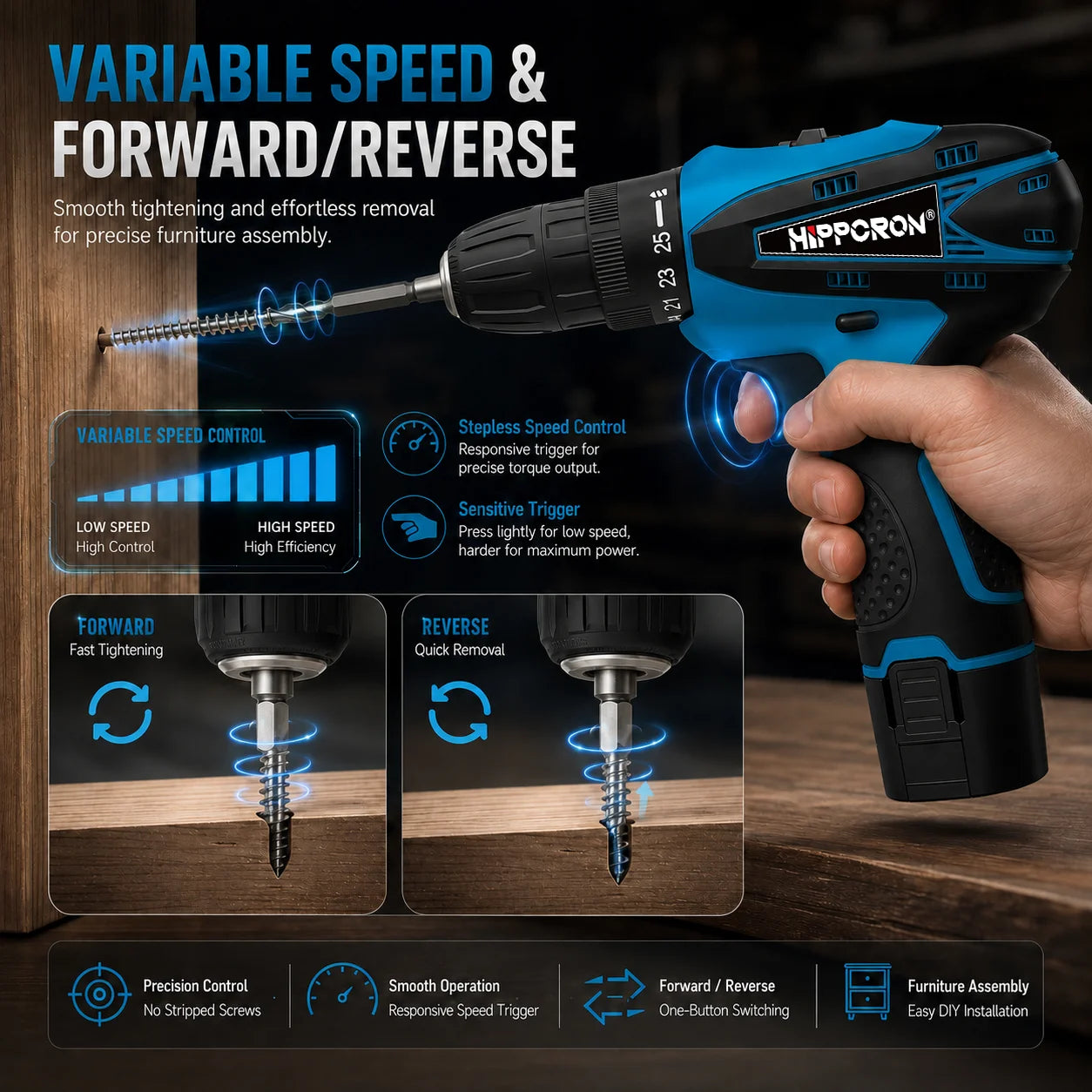 Hippcron 12V Lithium Electric Drill Tapping Cordless Impact Tool Ratchet Set Multifunction Screwdriver Household with 3/8" Chuck