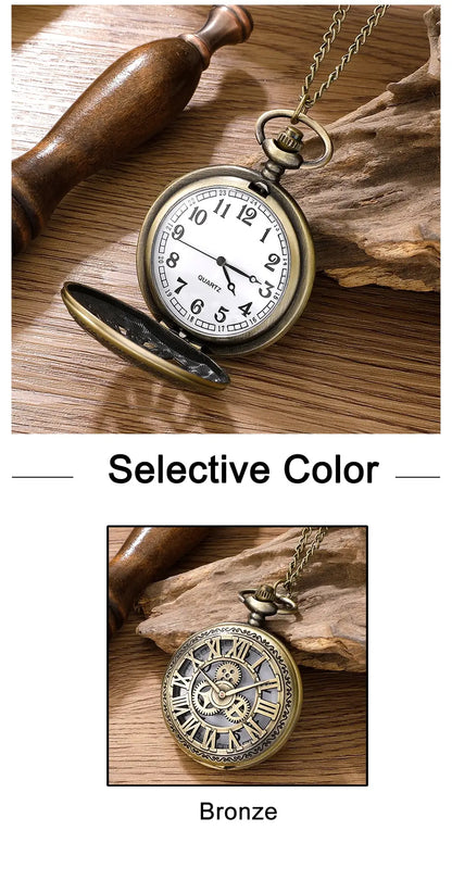 Antique Steampunk Vintage Roman Numerals Quartz Pocket Watch Bronze Case Necklace Pendant Clock Chain Mens Women