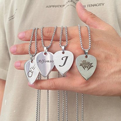 WLP Fashion Guitar Pick Personalized Pendant Stainless Steel Necklace for Men Women Custom Text Pattern Collar Necklace Jewelry