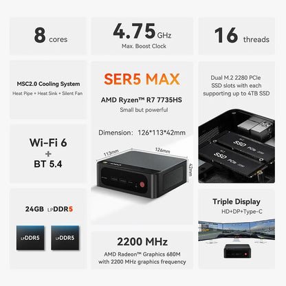 Beelink SER5 Max AMD Ryzen7 7735HS SER3 R3 3200U R5 5500U 5625U DDR4 16G RAM 500G Mini PC Support WiFi6 Type-C Desktop Computer