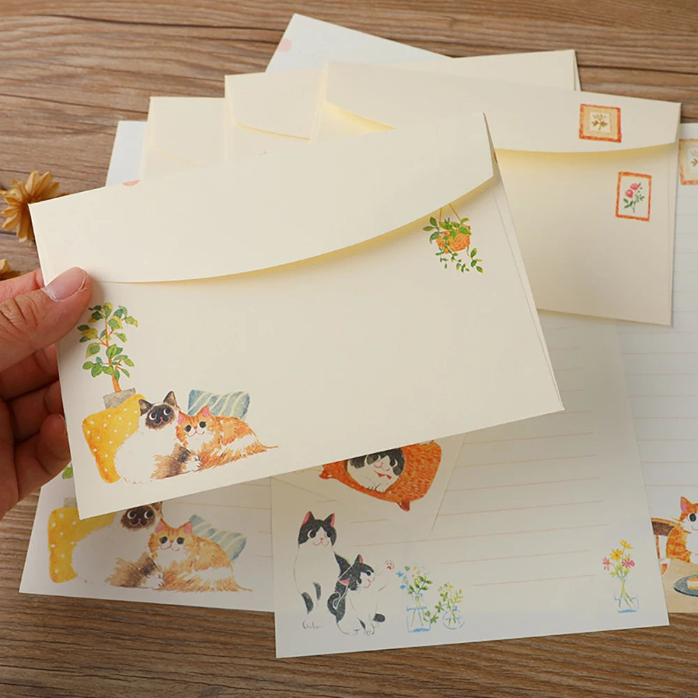 A Set of 36 Letter Writing Sets with Cats as the Theme, Including 24 Thread Draft Letters and 12 Matching Envelopes