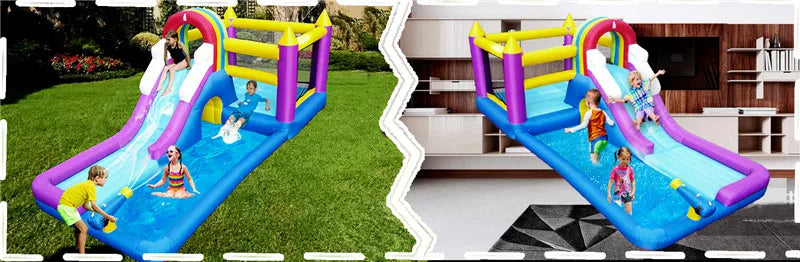 Inflatable Water Slide Bounce House Children Splash Pool Rainbow Castle Kids Outdoor Backyard Water Park with Air Blower