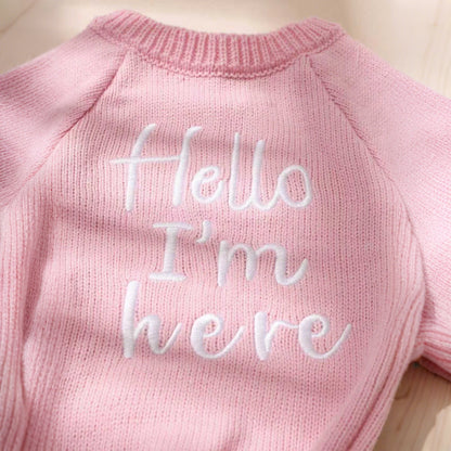 Ylsteed "Hello" Embroidery Knitting Newborn Birth Announcement Outfits Footed Jumpsuit Baby Boy Girl Photography Props Newborn