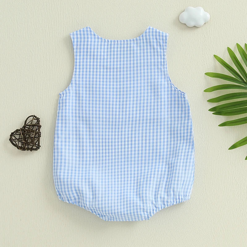 Baby Boy Summer Romper Overalls Letter Embroidery Plaid Print Sleeveless Round Neck Jumpsuit Newborn Baby Boy Clothes