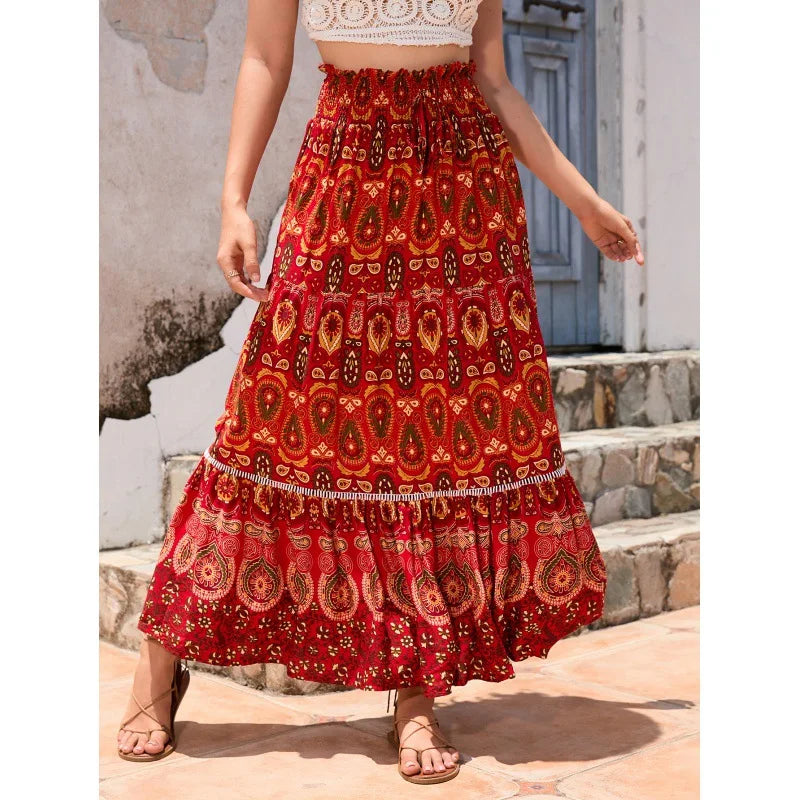 Women's Casual Temperament Skirt Women's Fashionable Bohemian Printed Elastic Waist Temperament Skirt Big Sway Temperament Skirt