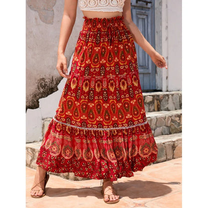 Women's Casual Temperament Skirt Women's Fashionable Bohemian Printed Elastic Waist Temperament Skirt Big Sway Temperament Skirt