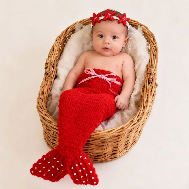 3Pcs Newborn Photography Props Baby Girl Crochet Mermaid Tail Outfit Handmade Photo Shoot Costume Bebe Headband Clothes Set