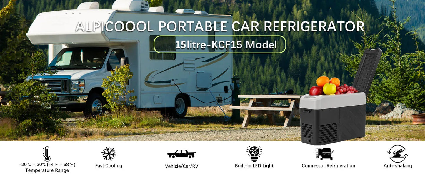 Alpicool KCF15 15L Compressor Cool Box Portable for Car, Truck, Compact Camping Fridge 12/24V DC Cool Box for Travel, Food & Dri