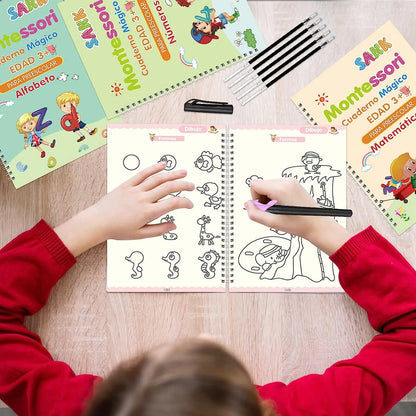 4 Books Spanish Montessori Magic Practice Copybook Set Reusable Handwriting Tracing Workbook Alphabet Number Math Drawing
