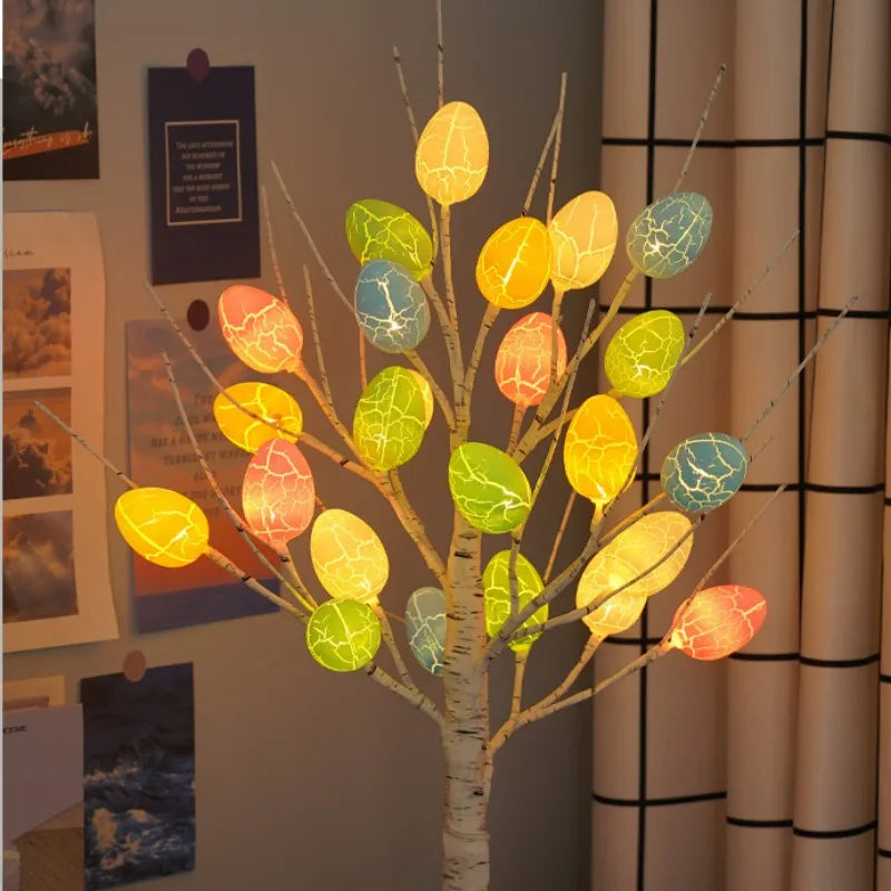60cm Easter Brich Tree Lamp 40LED Easter Eggs Ornaments Hanging Easter Decorations for Home Spring Festival Party Table Decor
