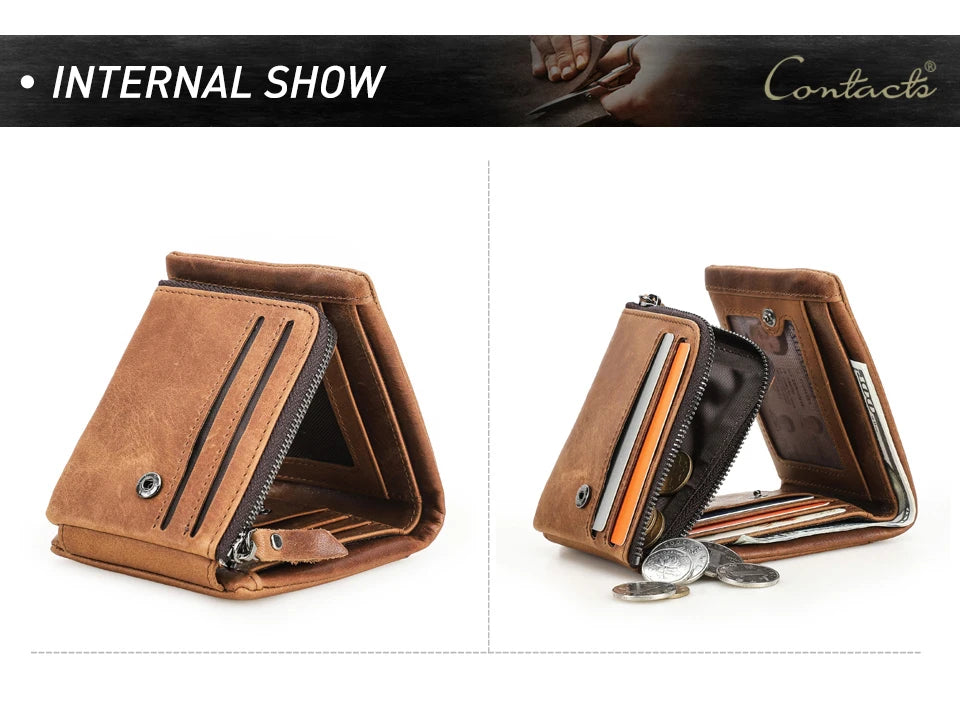 CONTACT'S Genuine Leather Short Wallets for Men Trifold Card Holder Money Clip Coin Purse Male Pocket Wallets Men's Purse Bags