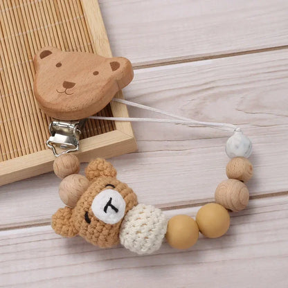 Cartoon Bunny Pacifier Chain Clip Wood Crochet Bear Teething Chain Baby Teether Soother Holder Newborn Chew Toys Pacifier Clips