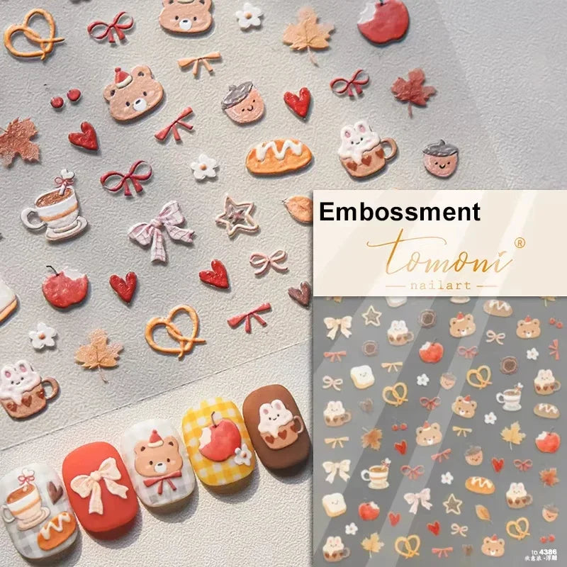 Lovely Animal Graffiti Cat Claw Rabbit Bunny Bear Dog Flower Fruit Dim Sum Candy Sunflower Adhesive 5D Nail Art Stickers Decal