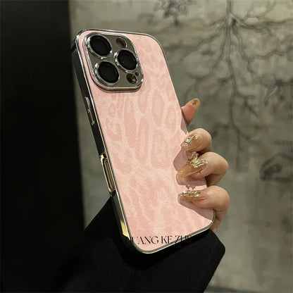 Luxury Plating Leopard Texture Leather Case For iPhone 17 16 15 14 Plus 13 12 11 Pro Max Lens Protection Shockproof  Cover Capa