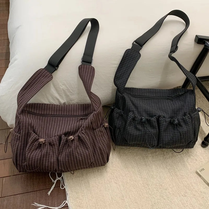 Korean Nylon Shoulder Bag Fashion Simple Plaid Zipper Tote Bag Drawstring Pleated Cloud Bag New Commuter Crossbody Shoulder Bag