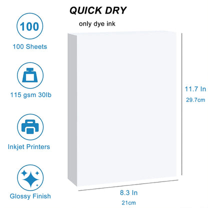 100 Sheets A4 Printable Single Side Photo Paper for Inkjet Printer, Bright Color, Suitable for Photography, Family, Festivals