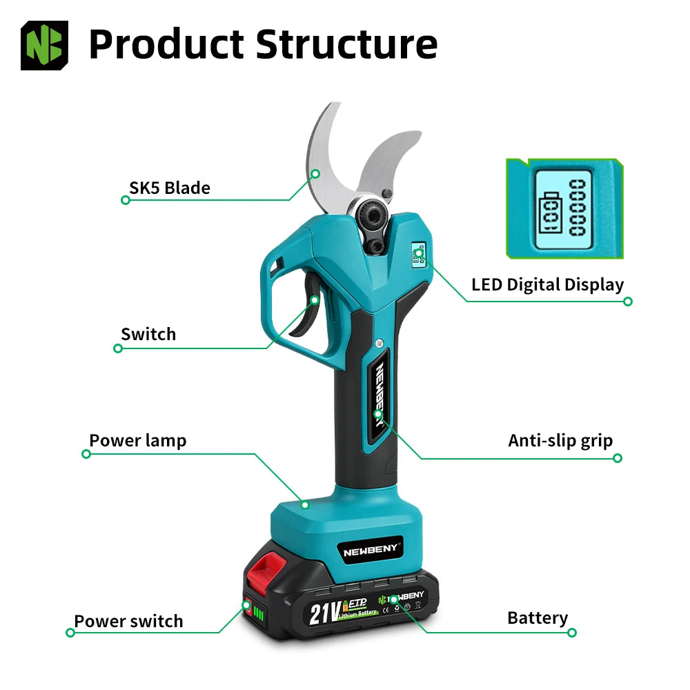 NEWBENY 65MM 2 Gears Brushless Electric Scissors Cordless Pruning Shears Fruit Tree Branch Power Tools For Makita Battery Pin