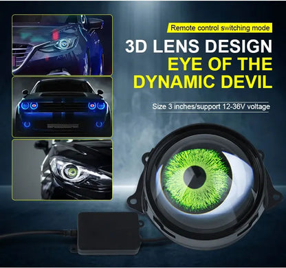 LED Car Dynamic Devil Eye Large Light 3-inch 33 Mode Car Light Remote Modification Eagle Eye 3D Lens Dynamic Pupils Headlight