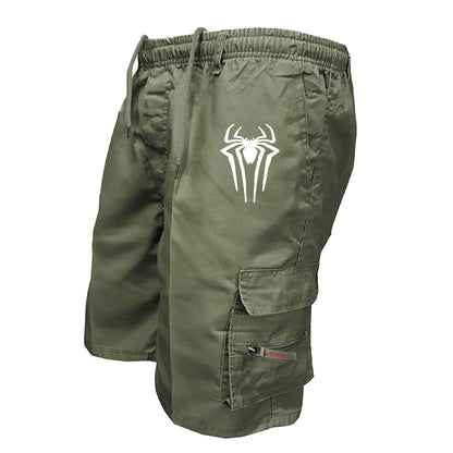 Men's Spider Print Cargo Shorts Male Outdoor Overalls Elastic Waist Cycling Shorts Multi-pockets Loose Work Beach Sports Shorts