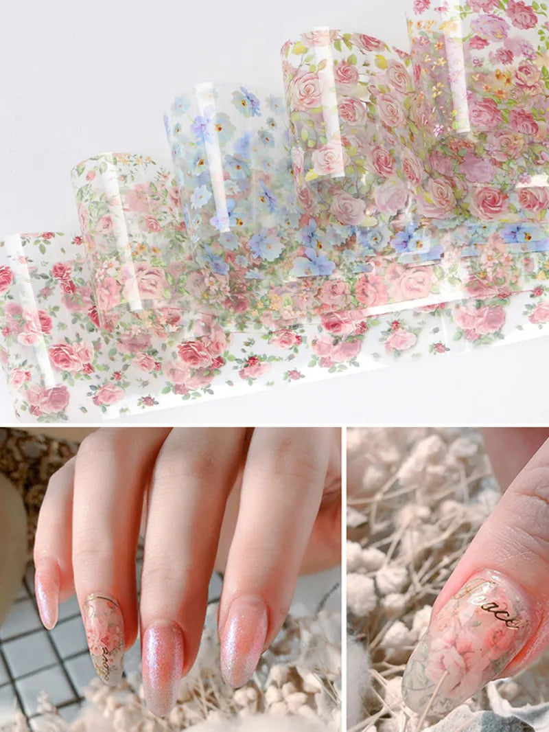 New Flower Nail Foils for Transfer Paper Stickers Floral Adhesive Fruit Nails Wraps Fish DIY Water Marble Nail Art Decorations
